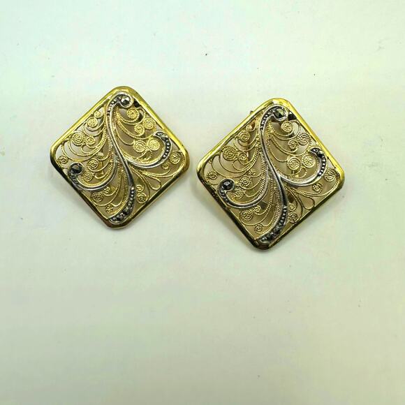 Gold Vermeil Filigree Clip On Vintage Earrings Marked SILVER TIKA Stamped retro - Picture 1 of 16